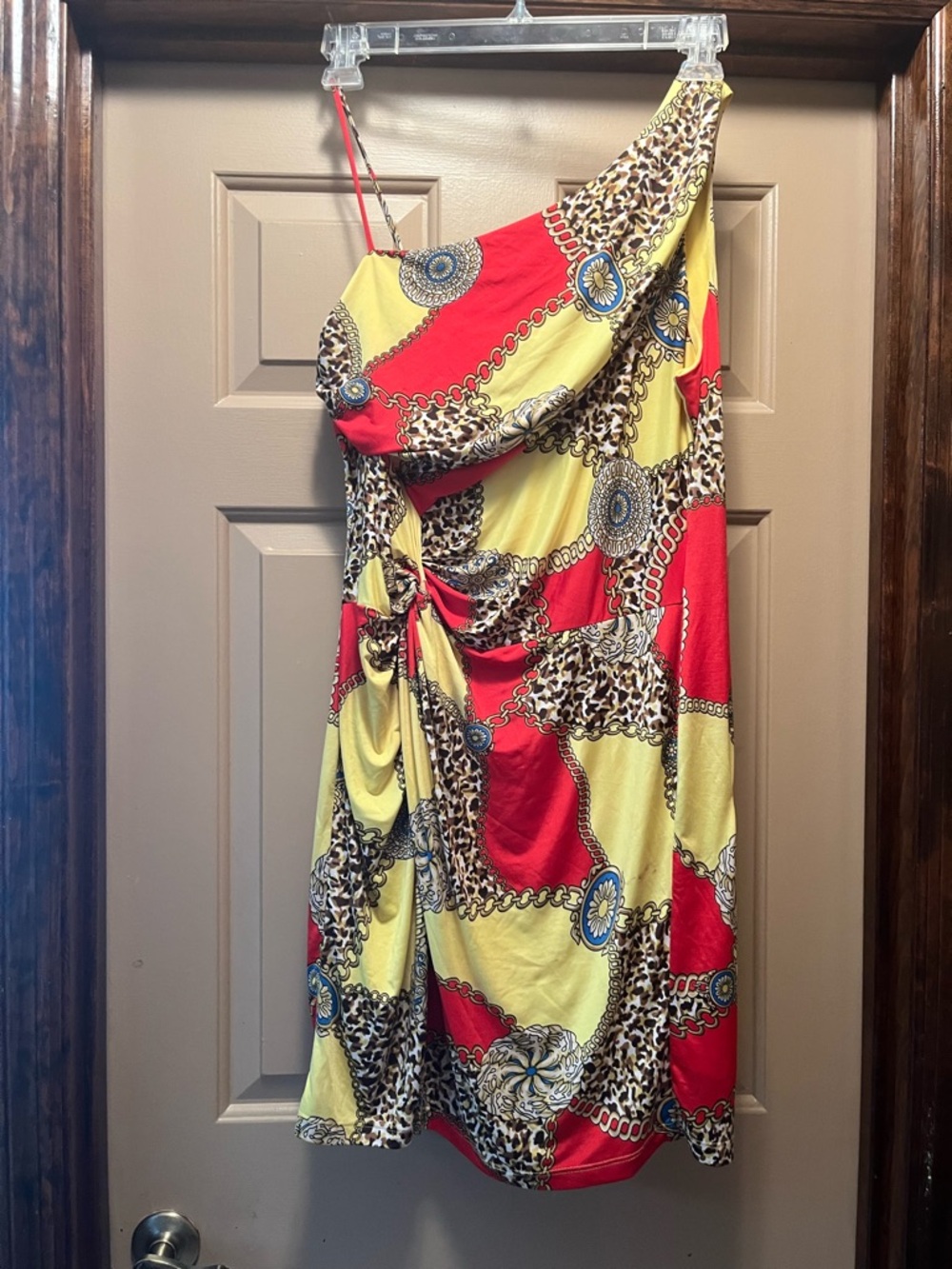 Blush One-Shoulder Asymmetrical Chain & Medallion Print Dress in Red and Yellow